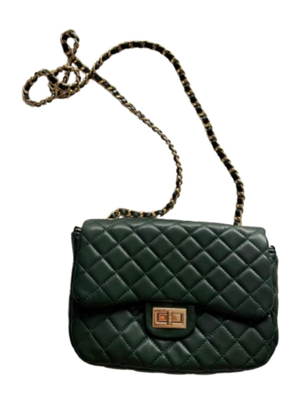 Francesca's Dark Green Quilted Mini Crossbody Bag Gold Chain Strap Turnlock